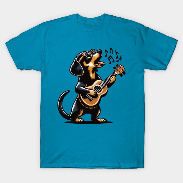 Dog Playing Guitar Singing Dachshund Wiener Dog Funny T-Shirt by BraaiNinja